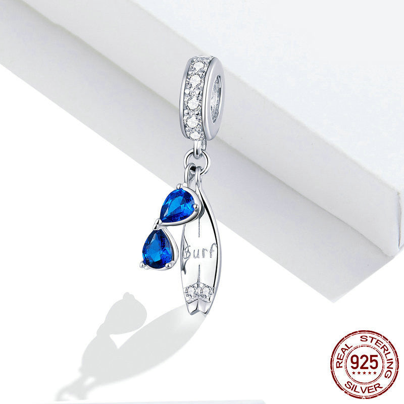IWO S925 Silver Happy Surfing Pendant Fashion Diamond Blue Glasses Beaded Accessories