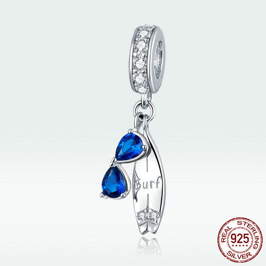 IWO S925 Silver Happy Surfing Pendant Fashion Diamond Blue Glasses Beaded Accessories