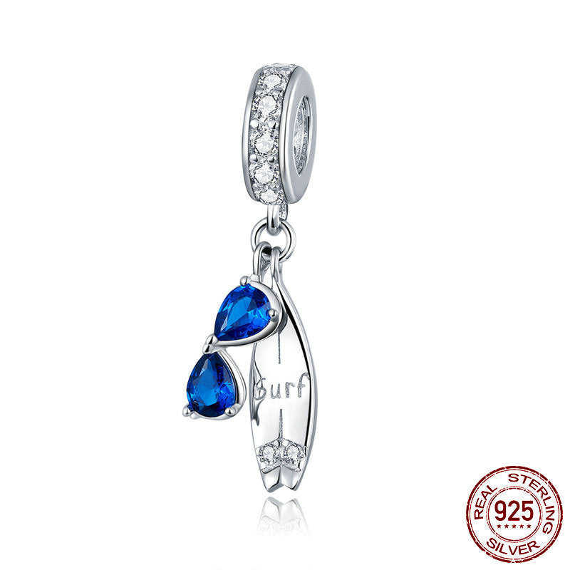 IWO S925 Silver Happy Surfing Pendant Fashion Diamond Blue Glasses Beaded Accessories